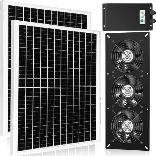 Vista 13 de Kit de 2 ventiladores solares con batería de 66.6 Wh, panel solar de 50 W, ventiladores recargables resistentes a la intemperie para gallinero