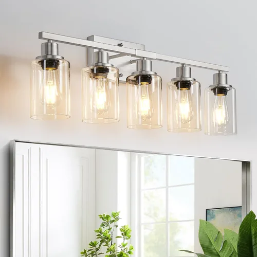Vista 29 de MOKATNG Juego de 2 apliques de pared para baño, luces de tocador modernas negras con pantalla de vidrio blanco, lámpara de pared de baño