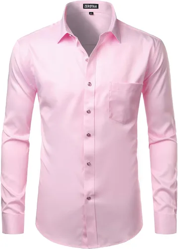 Vista 2 de ZEROYAA Camisas formales de vestir de manga larga con botones y bolsillo para hombre
