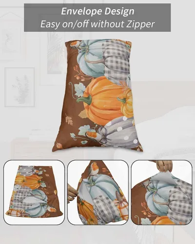 Vista 7 de Fundas de almohada de tamaño King con calabazas marrones, fundas de almohada suaves decorativas para sofá de cuerpo largo, con cierre de sobre