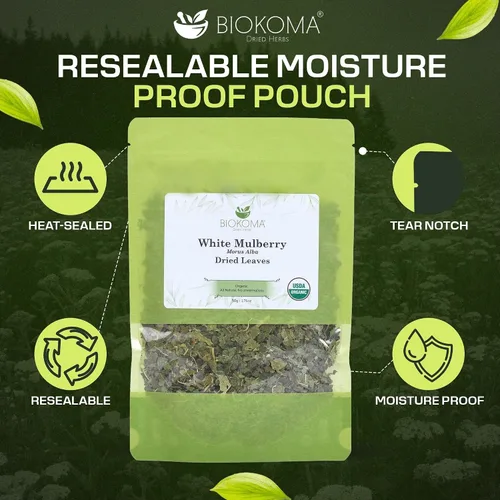 Vista 3 de Biokoma Hojas secas de morera blanca pura y orgánica, 1.76 oz (1.76 onzas) en bolsa resellable a prueba de humedad, certificado orgánico por USDA