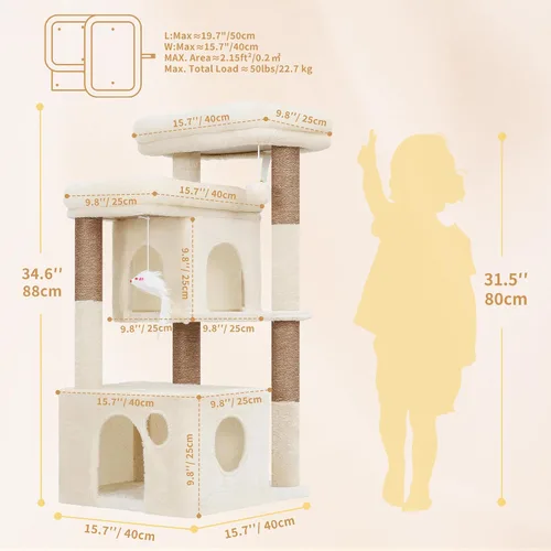 Vista 5 de Heybly 34.6" Cat Tree Anti-Tipping Floor Cat Condo for Kittens, HCT205SMJ Beige