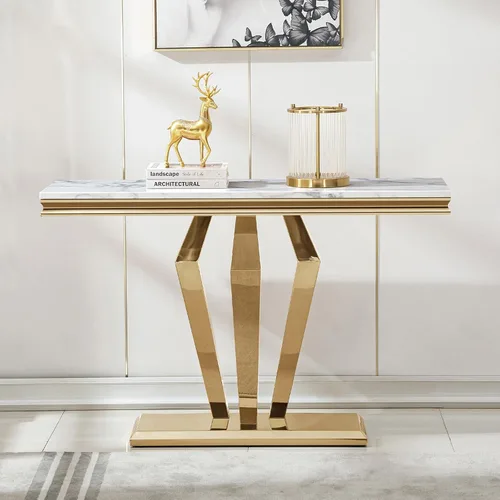 Vista 22 de Mesa auxiliar de mármol de 47 pulgadas, moderna mesa central de mármol sintético blanco con base de espejo dorado en forma de diamante, mesa Blanco