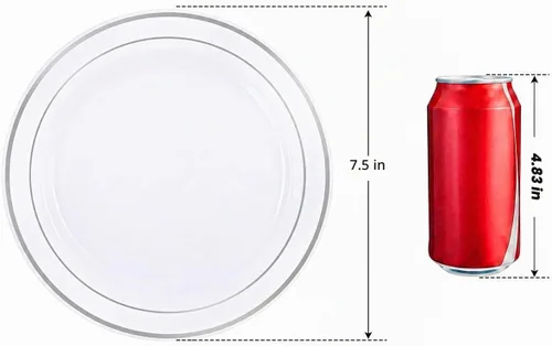 Vista 2 de bUCLA 100 platos de plástico con borde plateado, platos desechables de 7.5 pulgadas, ideales para bodas, fiestas y Navidad