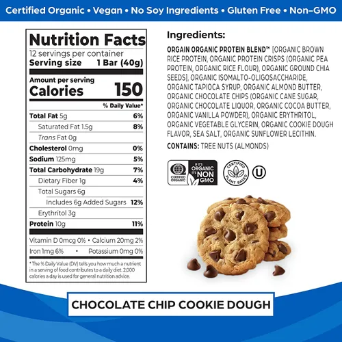 Vista 3 de Orgain – Paquete de polvo de proteína sabor chocolate con barras proteínicas de masa de galletas y chispas de chocolate (12 unidades) – Hecho sin