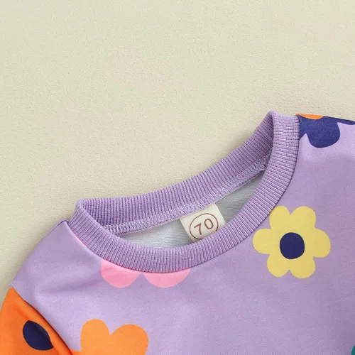 Vista 3 de Meiweileya Conjunto de sudadera con estampado floral para bebé y niña, sudadera sin botones y pantalones, ropa de otoño e invierno