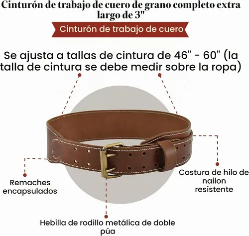 Vista 3 de Style n Craft - Cinturón de trabajo de cuero de grano completo extra largo de 3 pulgadas de ancho, cinturón duradero y resistente, color marrón
