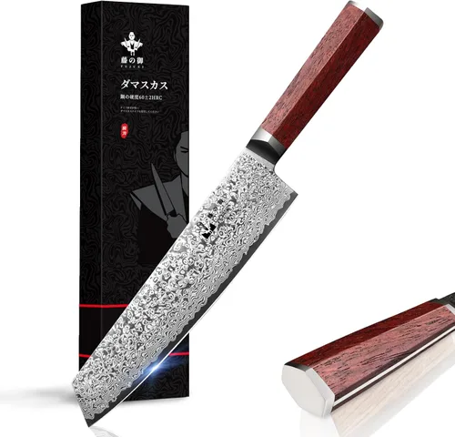Vista 9 de Nakiri - Cuchillo de chef chino de acero de Damasco de 7 pulgadas, VG-10, 67 capas de acero de Damasco, picador profesional de verduras de Damasco