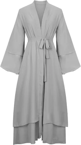 Vista 4 de Vestidos musulmanes de manga larga para mujer con vuelo largo cárdigan islámico con frente abierto bata de gasa Abaya vestido holgado de Dubai