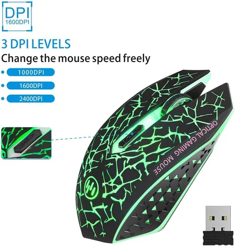 Vista 6 de TENMOS K6 - Mouse inalámbrico para juegos mouse óptico LED silencioso recargable con receptor USB 3 niveles de DPI ajustables y 6 botones compatible
