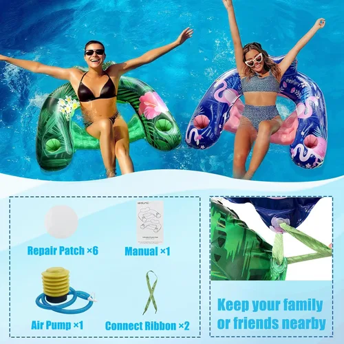 Vista 2 de Inflatable Pool Float Chair - Floating Pool Chair Adult Pool Float Seat with Cup Holder and Backrest, Portable Lounge Floats for Swimming Pool Party