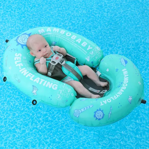 Vista 6 de Flotador Mambobaby para bebé de piscina con toldo y cola Flotador portátil para bebé autoinflable, plegable, flotador de natación, cama flotante