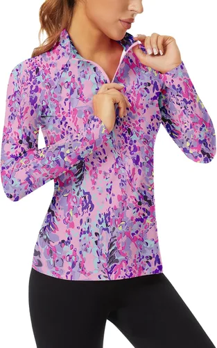 Vista 22 de WOWENY - Camiseta de manga larga con cremallera de 1/4 para mujer, con cuello, para hacer deporte, con estampado, para tenis Hoja multicolor.