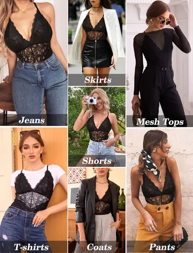 Vista 5 de Avidlove - Lencería para mujer, body con cierre a presión en la entrepierna, con encaje sexy en contraste, babydoll, una pieza, lencería tipo Teddy
