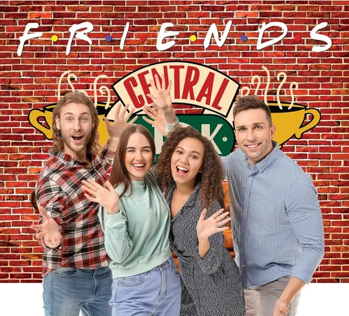 Vista 2 de Fondo de 6 x 4 pies para fiesta de amigos de Central Perk, pared de ladrillo rojo, retro, sofá de pub y café, fondo para fotografía de cumpleaños