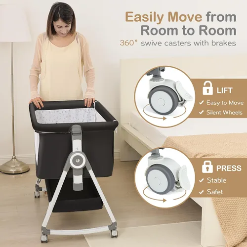 Vista 2 de Cuna para bebé, moisés junto a la cama, cuna de 4 en 1 con ruedas con cerradura, mosquitera, cuna portátil plegable ajustable para recién nacido