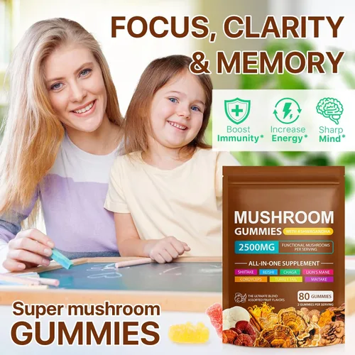 Vista 2 de Gomitas de hongos para adultos, mezcla de 10 hongos con Ashwagandha, pectina vegana, sin gluten, sabor natural a frambuesa, 80