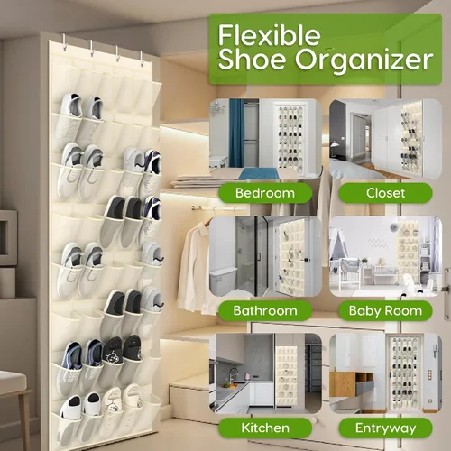 Vista 3 de Organizador de zapatos colgante sobre la puerta con 40 bolsillos grandes de malla transpirable, soporte de zapatos que ahorra espacio, estante