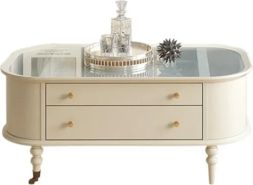 Vista 9 de Mesa auxiliar para sala de estar, mesa auxiliar de madera retro con parte superior de cristal temporal, mesa central rectangular con 2 cajones