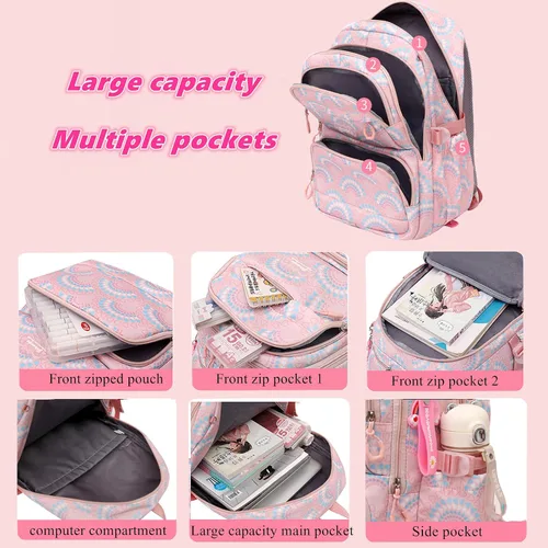 Vista 5 de Mochila de escuela primaria para niñas, bolsa impermeable para estudiantes con lonchera y estuche para lápices
