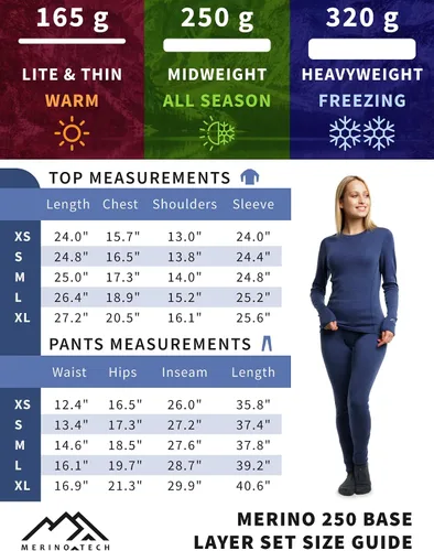 Vista 6 de Merino.tech Conjunto de capa base de lana merino para mujer, ropa interior térmica ligera de lana merino de peso medio para mujer, parte superior e