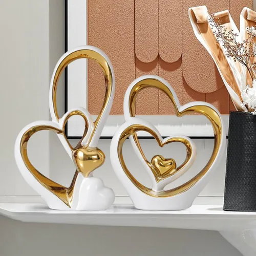 Vista 6 de APLUSH Decoración de estatua de doble corazón de porcelana, escultura de artista moderna, decoración del hogar para sala de estar, gabinete de vino