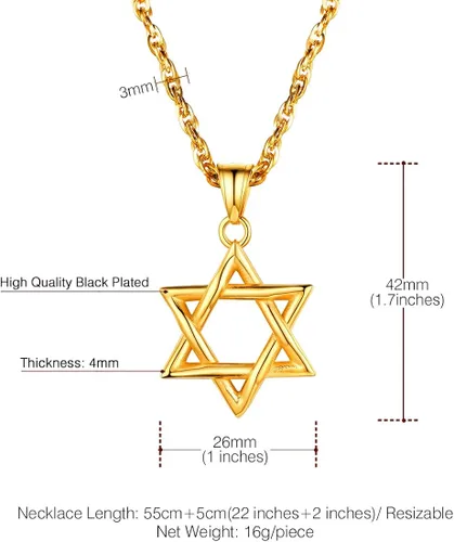 Vista 5 de U7 Star of David Necklace for Men Women GoldStainless Steel Hexagon Pendant with CrossRuby StoneClassic Jewish Isael Necklaces, Length 22" 24" 26