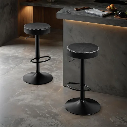 Vista 3 de STOOLINK Juego de 2 taburetes de bar giratorios de cuero de microfibra negro de altura de mostrador con asiento redondo, taburetes de bar ajustables