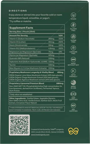 Vista 4 de Essential Longevity - Pila 100% liposomal 15 en uno. Precursor NAD+ Nicotinamida, Quercetina, C, D3, B12, glicinato de magnesio, melena de leones