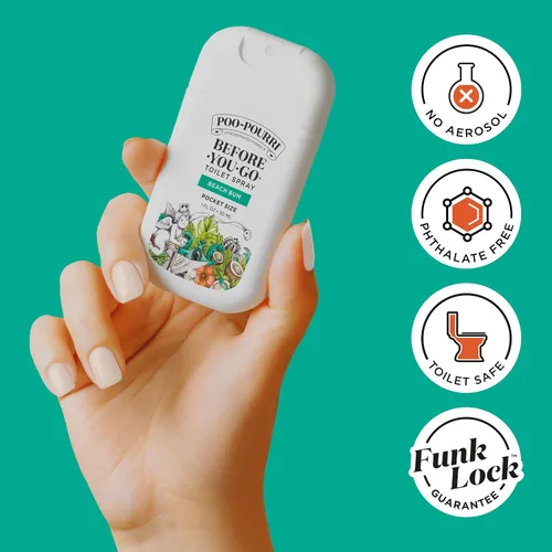 Vista 5 de Poo-Pourri Before-You-Go - Aerosol para inodoro de bolsillo, artículos esenciales de viaje, Beach Bum, 1 onza líquida, hasta 50 usos, desodorante