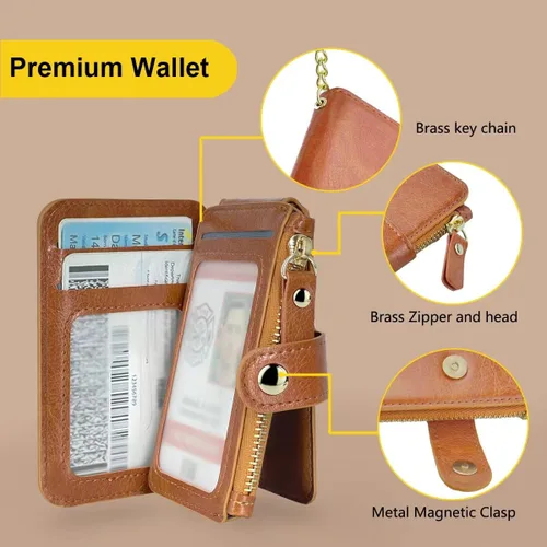 Vista 2 de Cartera con llavero, tarjetero con bloqueo RFID de piel, funda para tarjetas de crédito con cremallera para mujer, Marrón, Multifunción
