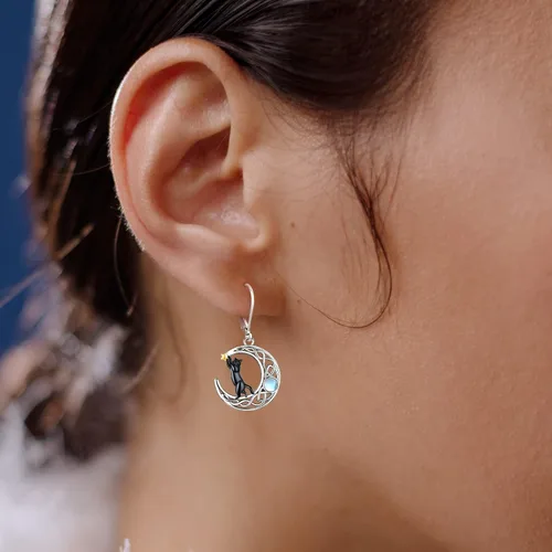 Vista 215 de Aretes colgantes de plata de ley con diseño de árbol de la vida, flor, abeja, animales, gato, colibrí, piedra lunar, turquesa, aretes con cierre