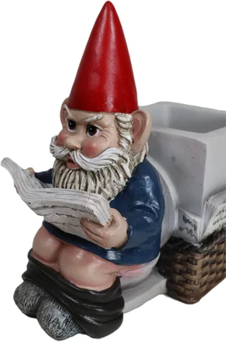 Vista 4 de Ebros Gift Fantástico gnomo de señor viejo tímido con pantalones abajo leyendo periódico por inodoro papelería portalápices estatua 'Morning