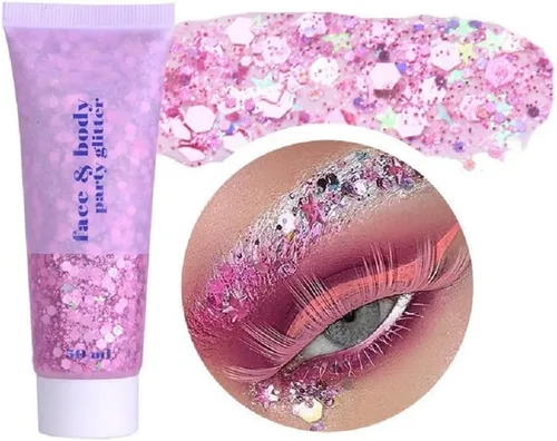 Vista 9 de Brillantina para la cara azul, traje de neón brillante, para fiesta, lentejuelas holográficas, maquillaje en gel con purpurina corporal (01# azul)