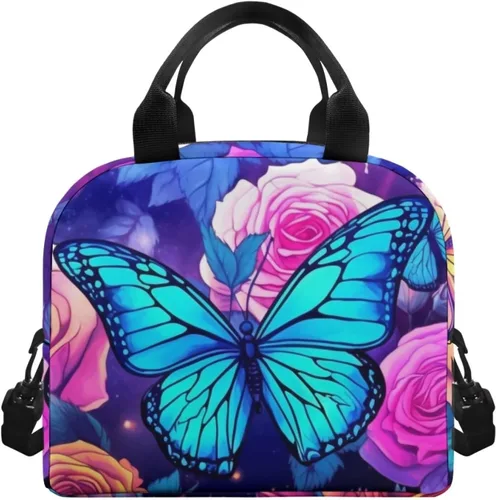 Vista 2 de Showudesigns Bolsas de almuerzo de flores de mariposa para mujer, lonchera aislada, bolsa de almuerzo reutilizable con correa ajustable