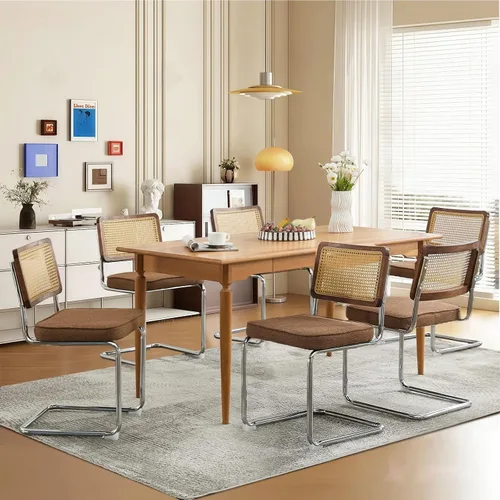 Vista 18 de Juego de 2 sillas de comedor de terciopelo con respaldo de ratán, diseño moderno Breuer con base cromada inoxidable sin brazos tapizada para Beige