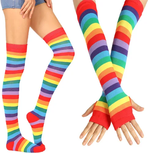 Vista 19 de Benefeet Sox Conjunto de calcetines altos hasta el muslo a rayas arcoíris para mujer, calentadores de brazos, guantes sin dedos, disfraz