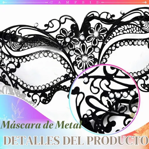 Vista 6 de Campsis Máscara de baile de máscaras para mujer, máscara de metal negro