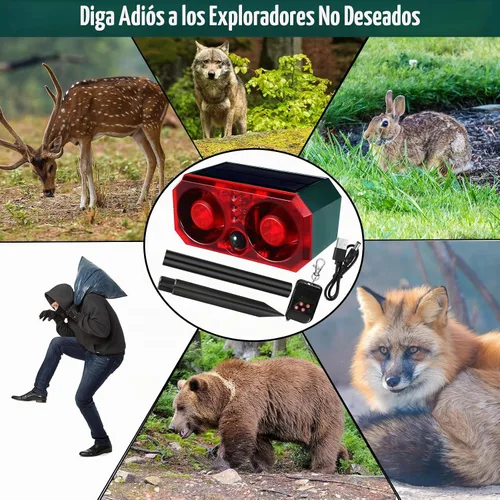 Vista 7 de Qualirey - 2 unidades de alarma solar con sensor de movimiento para exteriores con estaca disuasorio de animales, sensor de ladridos de perro, 13