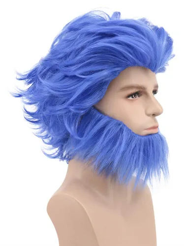 Vista 3 de karlery Peluca de bigote azul de onda corta para hombre, peluca de cosplay