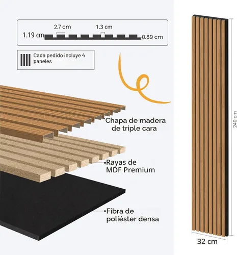 Vista 4 de Olanglab Paquete de 4 paneles de pared con listones de madera, paneles de pared acústicos de madera, 94.5 x 12.6 pulgadas cada uno, paneles de pared