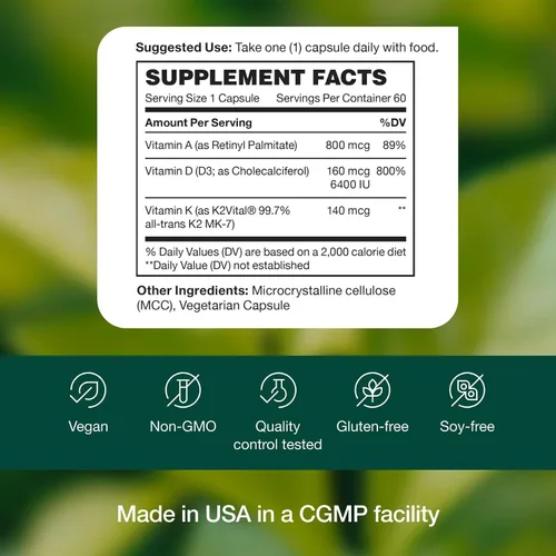 Vista 7 de Fresh Nutrition - Cápsulas veganas de vitamina D3 + K2 - 6400 UI D3 + 140 mcg de K2 como MK-7 para una absorción óptima y 800 mcg de vitamina A