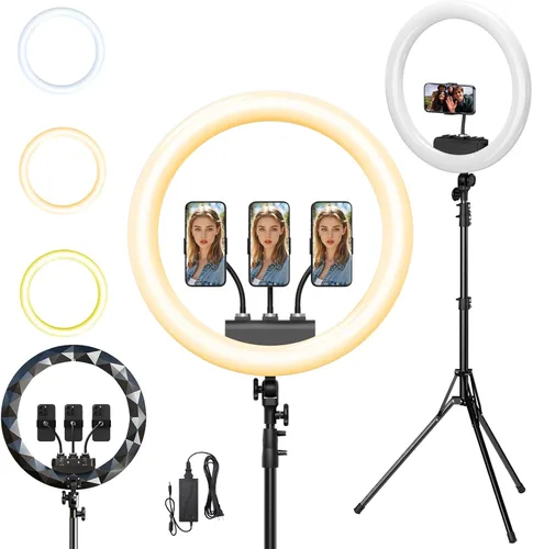 Vista 7 de Anillo de luz de 19" con soporte, trípode de 78" y 3 soportes para teléfono 3 modos de color y luz LED regulable de 6500 K, anillo de luz grande