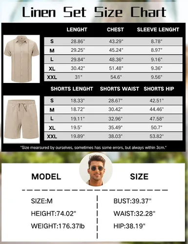 Vista 6 de LecGee Conjunto corto casual de verano para hombre, camisa cubana de lino de manga corta, pantalones cortos con cordón en la cintura, trajes