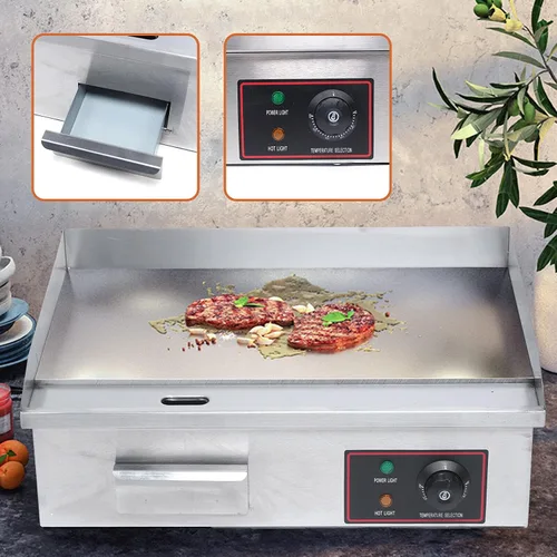 Vista 4 de TFCFL Plancha eléctrica de encimera plana, parrilla comercial de 3KW con control de temperatura ajustable, parrilla Teppanyaki de acero inoxidable