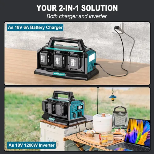 Vista 2 de Cargador inversor portátil 2 en 1, inversor de onda sinusoidal pura de 1200 W y cargador rápido de 6 A para batería Makita de 18 V, convertidor de 6