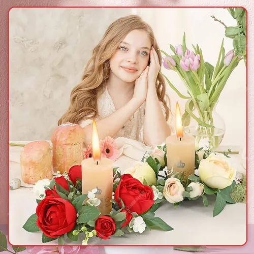 Vista 5 de Anillos de vela de rosas rojas para el día de San Valentín, coronas, flores artificiales con hojas verdes, mesa floral, centro de mesa, mini