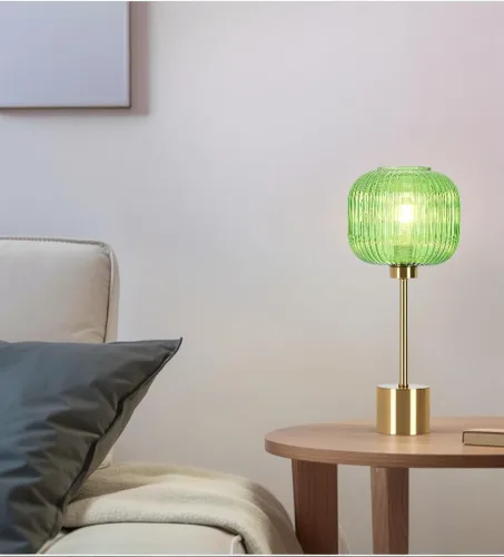 Vista 8 de Lámpara de mesa de cristal verde con 3 vías regulable y control táctil, lámpara de mesita de noche vintage moderna de mediados de siglo