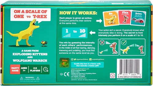 Vista 5 de Exploding Kittens En una escala de uno a T-Rex de 2 a 8 jugadores, a partir de 7 a 15 minutos para jugar, juego de cartas de actuación
