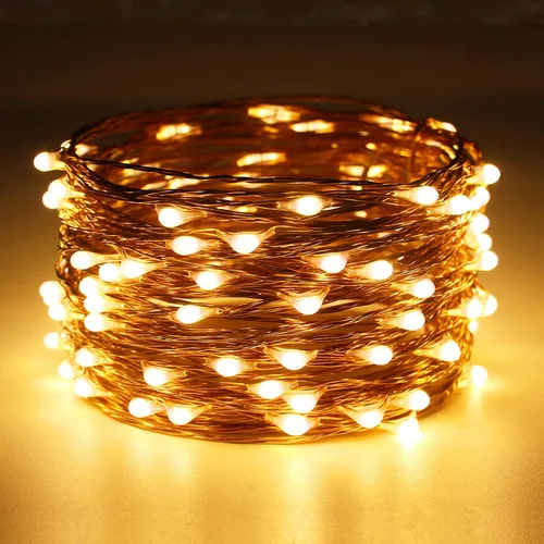 Vista 2 de RUICHEN Cadena de luces LED de alambre de cobre regulable de 33 pies, 100 luces LED enchufables con control remoto, blanco cálido